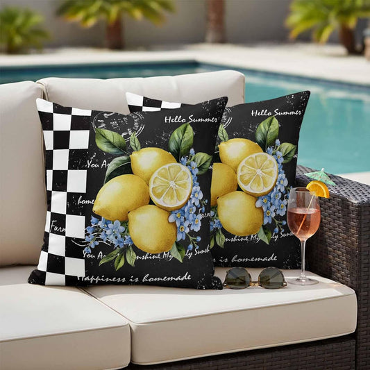 Outdoor Throw Pillow Covers Set of 2 Lemon Blue Flowers Waterproof Decorative Cushion Covers Black White Check Outdoor Pillowcases for Patio Couch Garden Balcony Sofa 16 x 16 Inches