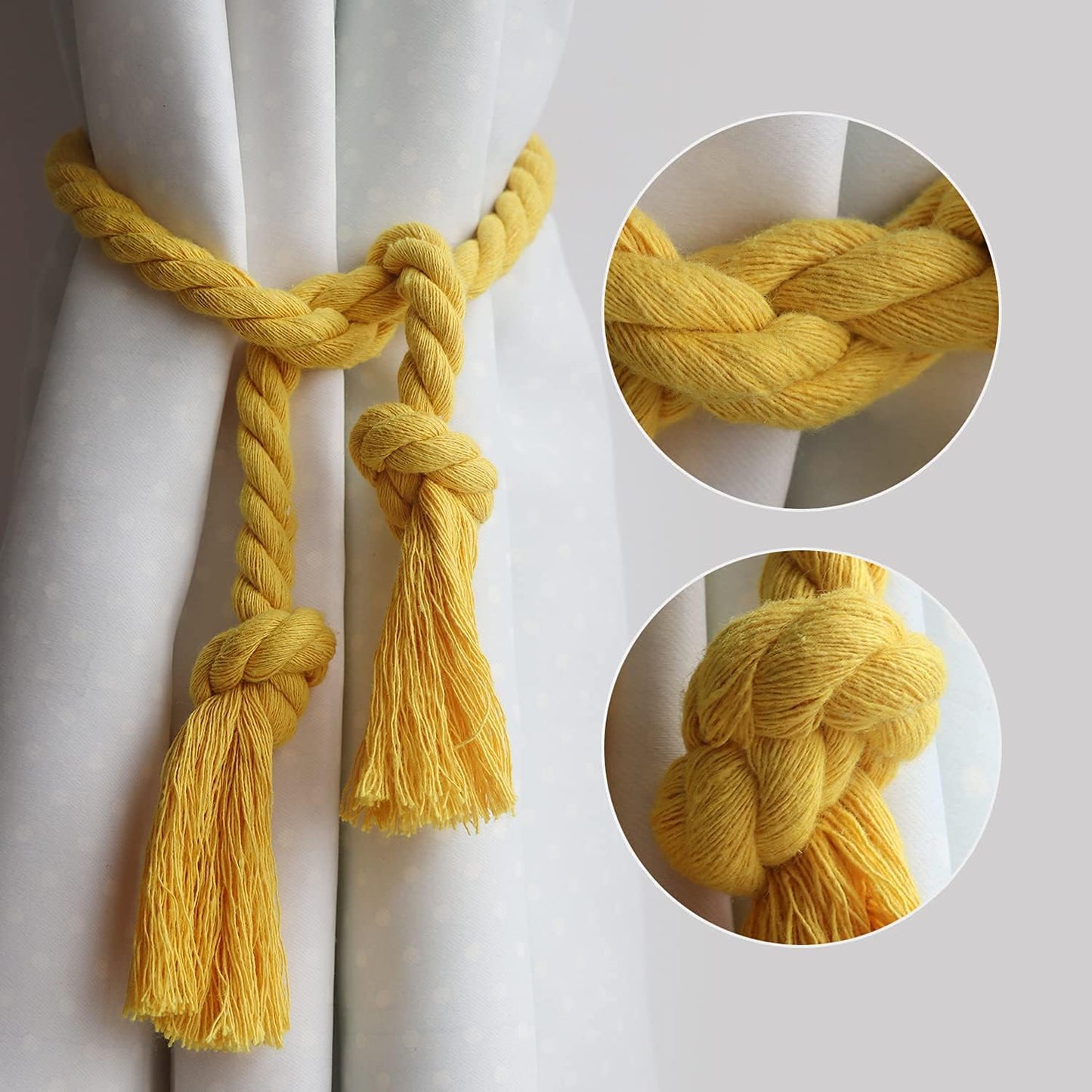 4 Pack Rope Curtain Tiebacks, Natural Cotton Woven Curtain Holdback, Curtain Decorative Holdbacks for Village Rural Boho Style Drapery Tieback, Yellow