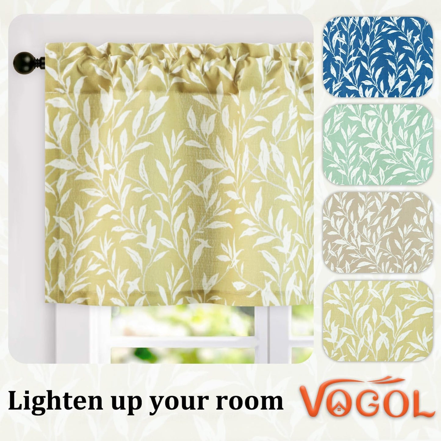 VOGOL Curtain Valances Leaves Meticulous Printed Window Curtains for Kitchen, Top Rod Pocket 52 x 18 Valance for Farmhouse Small Window, Yellow, One Panel