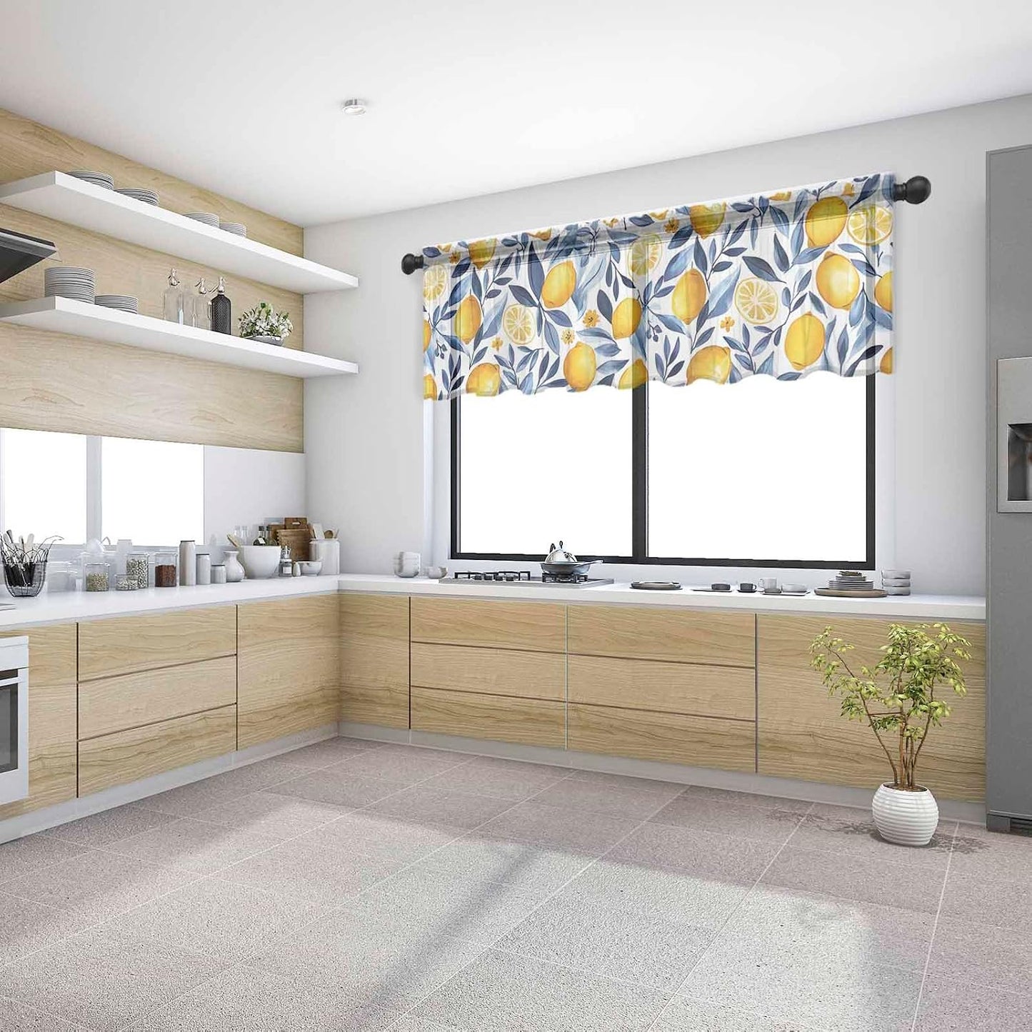 Yellow Lemon Valance Curtains for Kitchen/Living Room/Bathroom/Bedroom Window, Blue Flower Leaves Spring Summer Plant Rod Pocket Small Topper Half Short Window Curtains Voile Sheer Scarf, 54"x18"