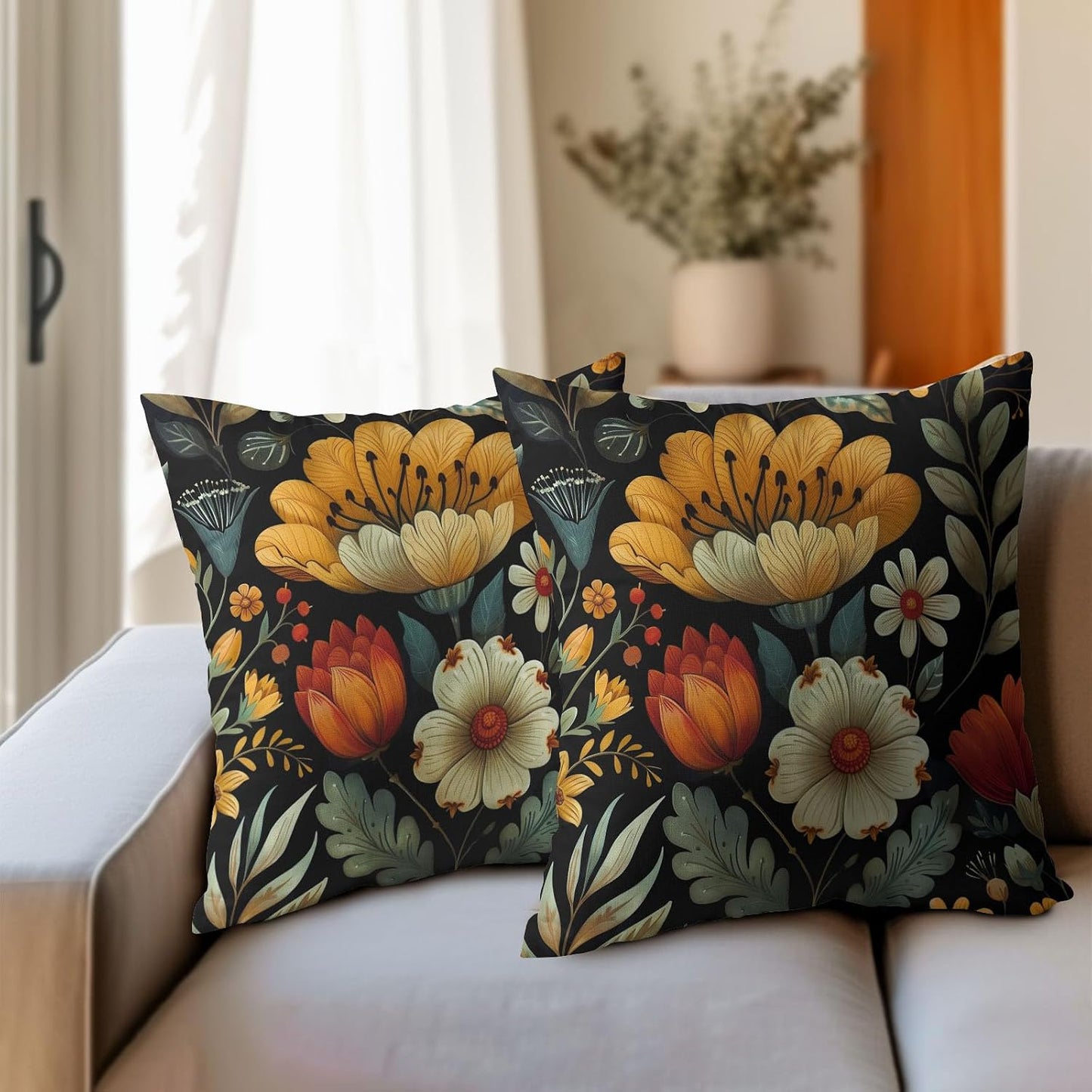 Vintage Boho Floral Pillow Covers 18x18 Inches Yellow Beige Black Throw Pillow Case Set of 2 Spring Flower Pillow Cover Cotton Linen Cushion Cover for Home Couch Sofa Bedroom Livingroom