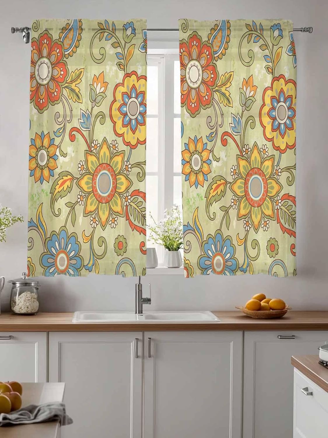 Yellow Green Boho Floral Sheer Tier Curtains 45 Inch Length, Retro Rustic Abstract Flowers Cafe Curtains Light Filtering, Sheer Voile Small Window Curtains 2 Panels, 27.5" x 45"