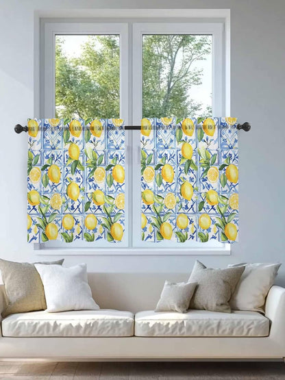 Yellow Lemon Sheer Tier Curtains 24 Inch Length, Botanical Spring Leaves Abstract Blue Tile Cafe Curtains Light Filtering, Sheer Voile Small Window Curtain 2 Panels, 27.5" x 24"