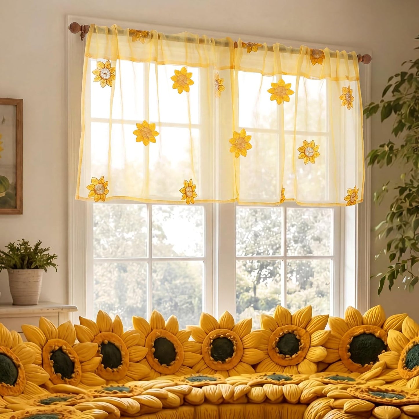 Tegeme 1 Panel Yellow Sunflowers Sheer Valances for Windows 52 x 18 Inch Embroidered Decorative Valances Curtain for Small Window Kitchen Bathroom Living Room Rod Pocket Voile Curtain Decor