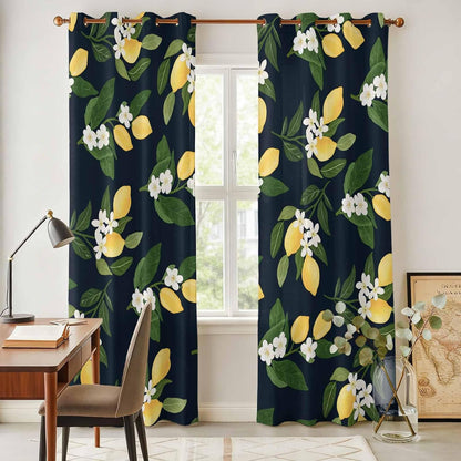 Lemons Yellow Summer Lemon Black Curtains for Bedroom and Living Room, Window Curtains Light Filtering Semi Sheer Window Drapes with Grommet (2 Panels, Each 52" W x 96" L)