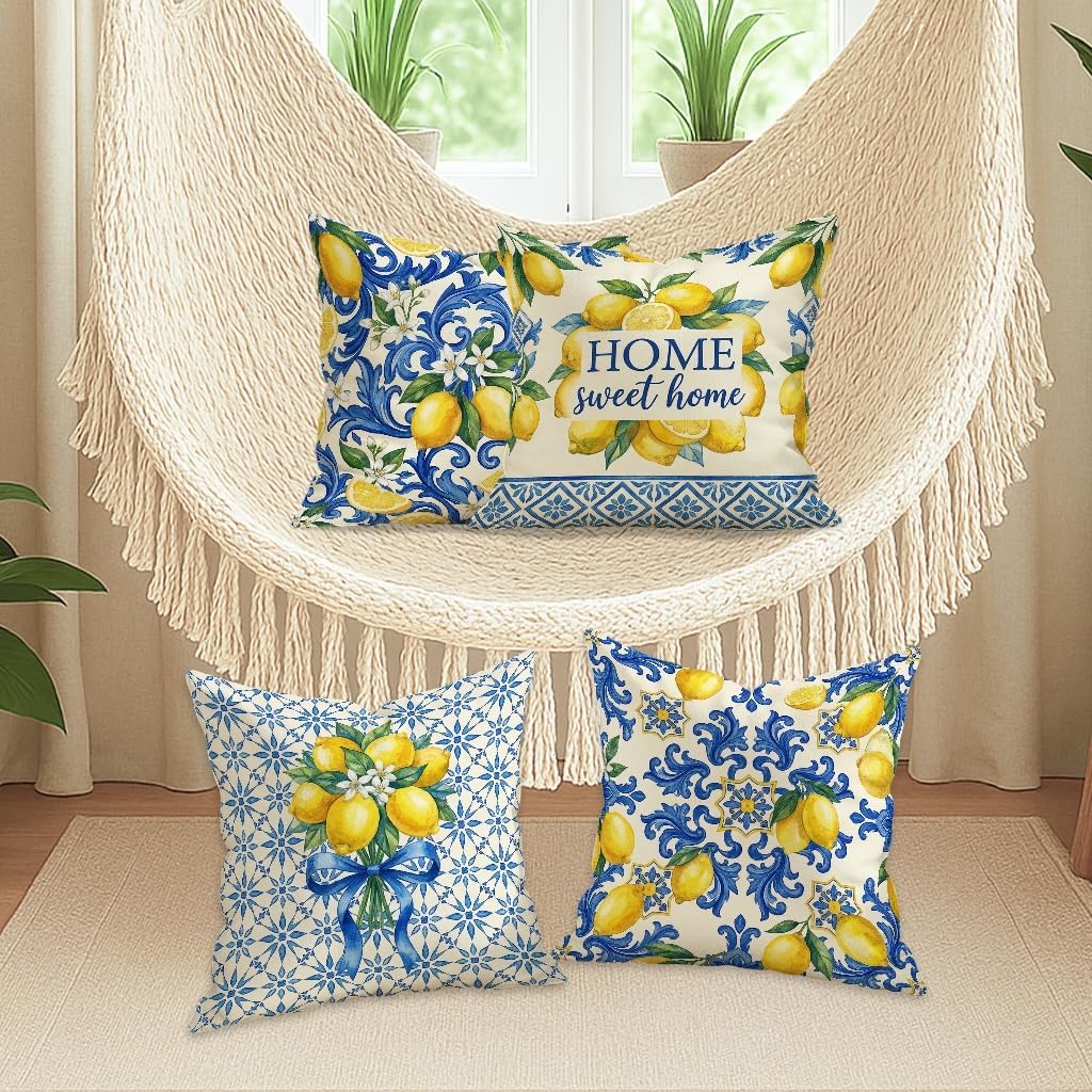 Lemon Throw Pillow Covers Set of 4, Mediterranean Traditional Floral Blue Swirls Summer Yellow Soft Velvet Washable Cushion Covers Pillow for Living Room Bedroom Loft Office Car Decor 16x16 Inch