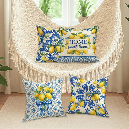 Lemon Throw Pillow Covers Set of 4, Mediterranean Traditional Floral Blue Swirls Summer Yellow Soft Velvet Washable Cushion Covers Pillow for Living Room Bedroom Loft Office Car Decor 16x16 Inch