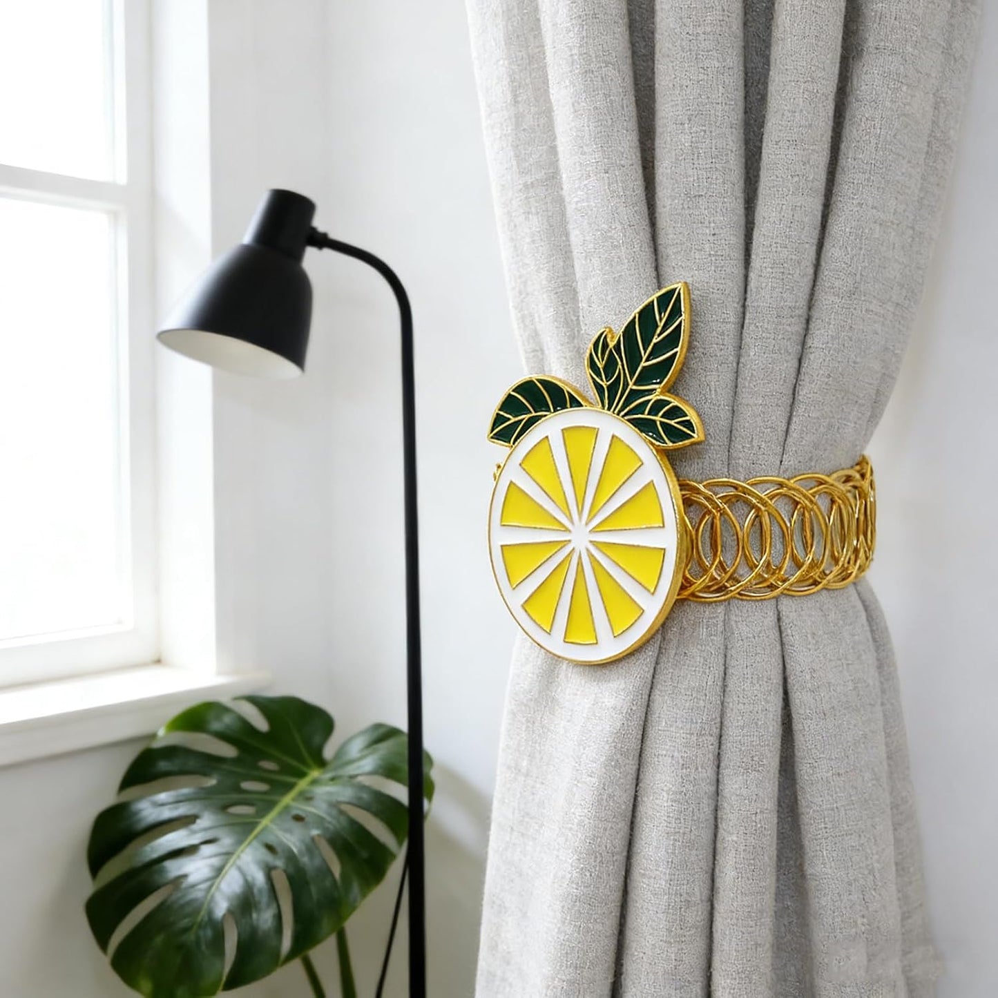 Lemon Curtain Tiebacks 2 Pack Yellow Fruit Spring Curtain Holdbacks No Drill Curtain Ties & Auto-Closing,Boho Curtain Tie Backs for Office & Farmhouse Kitchen Living Room Bedroom Decor