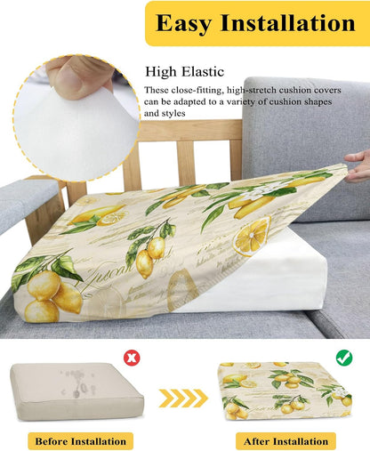 Yellow Lemons Stretch Couch Sofa Cushion Covers,Summer Botanical Fruit Leaves Country Sectional/Individual/L/T Shape Sofa Couch Slipcover Armchair Slip Cover Protector with Elastic Bottom,M,1-PC