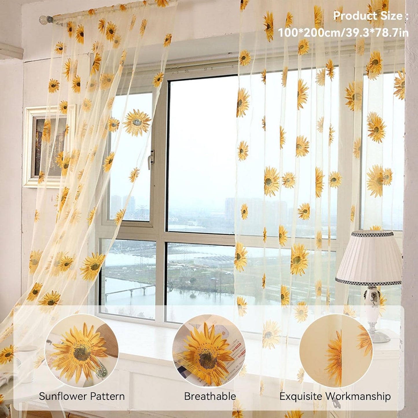Sheer Curtains, 2PCS Sun Flower Floral Voile Sheer Curtain Soft Light Weight Window Panel 39x78in Sunflower Window Panel for Bedroom Living Room Kitchen Decor(Yellow)