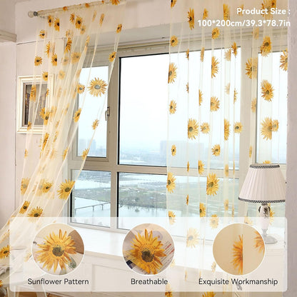 Sheer Curtains, 2PCS Sun Flower Floral Voile Sheer Curtain Soft Light Weight Window Panel 39x78in Sunflower Window Panel for Bedroom Living Room Kitchen Decor(Yellow)