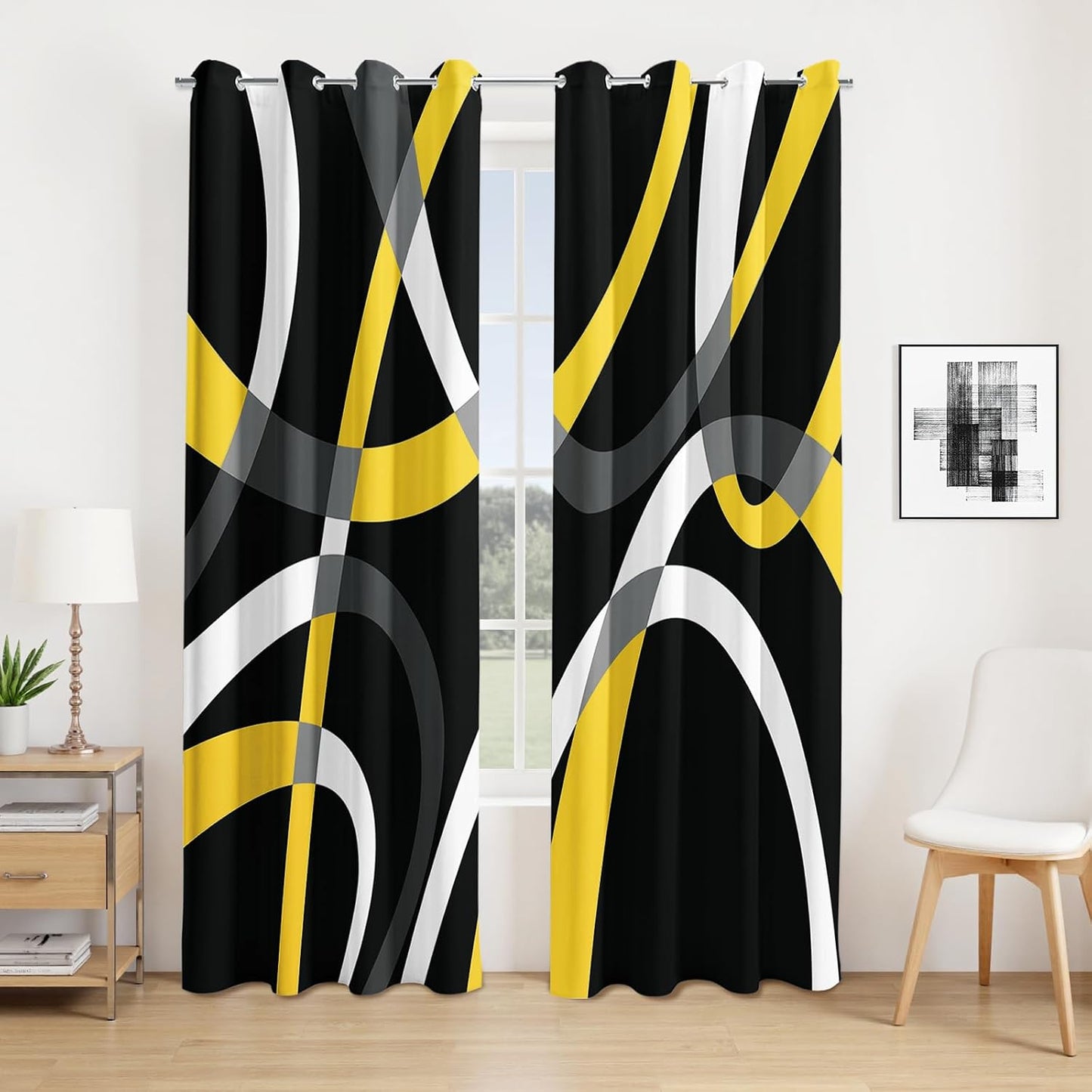 weesire Black and Yellow Blackout Curtains for Bedroom Living Room 2 Panels 100% Blackout Modern Circle Pattern Curtains Abstract Stripe Curtains, 52x84 Inches