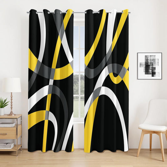 weesire Black and Yellow Blackout Curtains for Bedroom Living Room 2 Panels 100% Blackout Modern Circle Pattern Curtains Abstract Stripe Curtains, 52x84 Inches