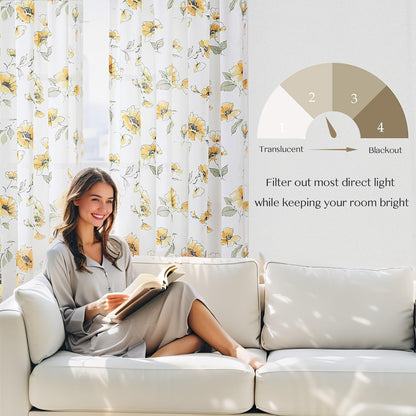 Yellow Floral Sheer Curtains 84 inches Long for Living Room, Silky-Smooth Chiffon Privacy Semi Sheer Drapes Chinoiserie WildFlower Patterned Window Curtains 2 Panel Sets for Bedroom, Yellow and White