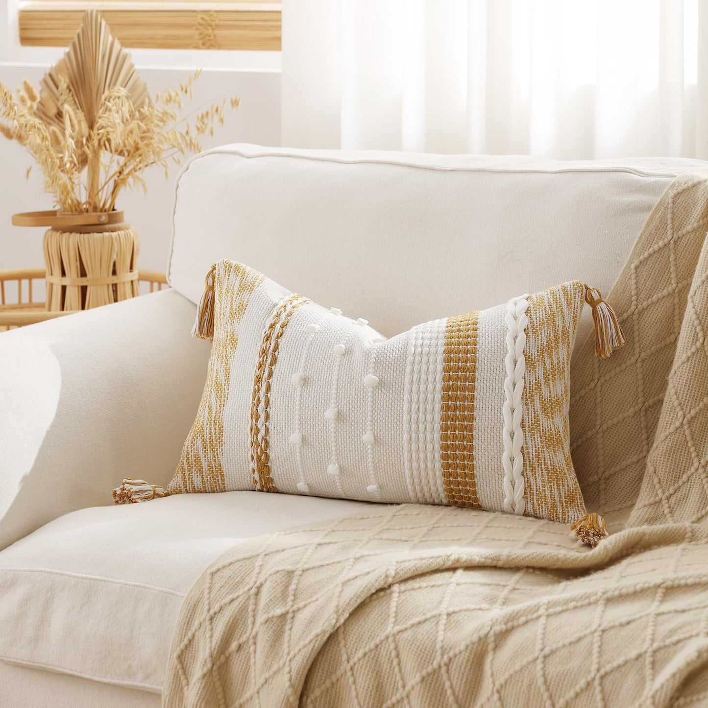 DEZENE Boho Lumbar Pillow Cover 12x20 Mustard Yellow - Handmade Woven Textured Throw Pillow Case with Cordings & Tassels, Decorative Accent for Couch Sofa Bed Farmhouse Living Room Bedroom Home Decor