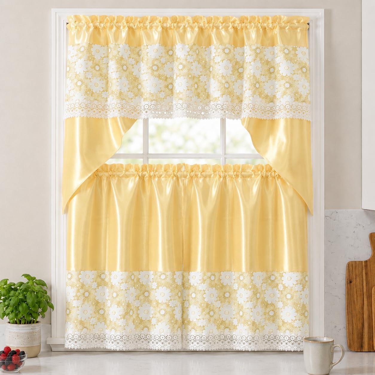 American Linen 3-Piece Floral Daisy Embroidered Curtain Set (Yellow) | 3-piece curtain set with matching valance and tiers. Floral embroidery, sequin accents, semi-sheer light-filtering fabric.