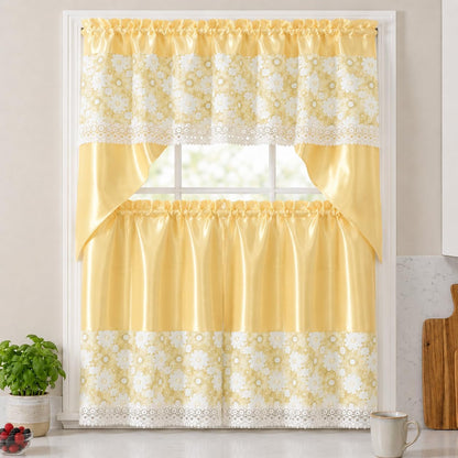 American Linen 3-Piece Floral Daisy Embroidered Curtain Set (Yellow) | 3-piece curtain set with matching valance and tiers. Floral embroidery, sequin accents, semi-sheer light-filtering fabric.