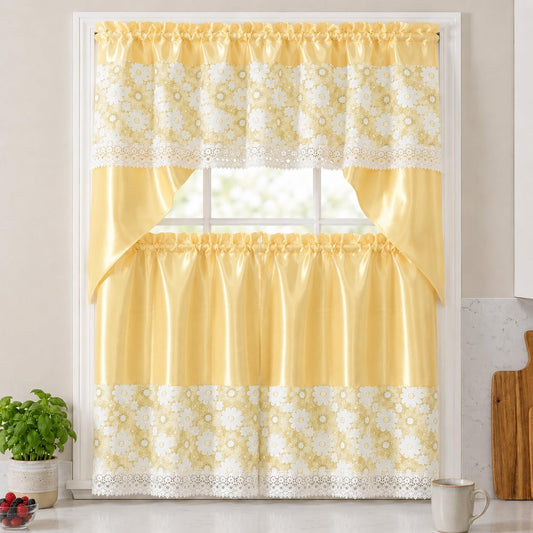 American Linen 3-Piece Floral Daisy Embroidered Curtain Set (Yellow) | 3-piece curtain set with matching valance and tiers. Floral embroidery, sequin accents, semi-sheer light-filtering fabric.