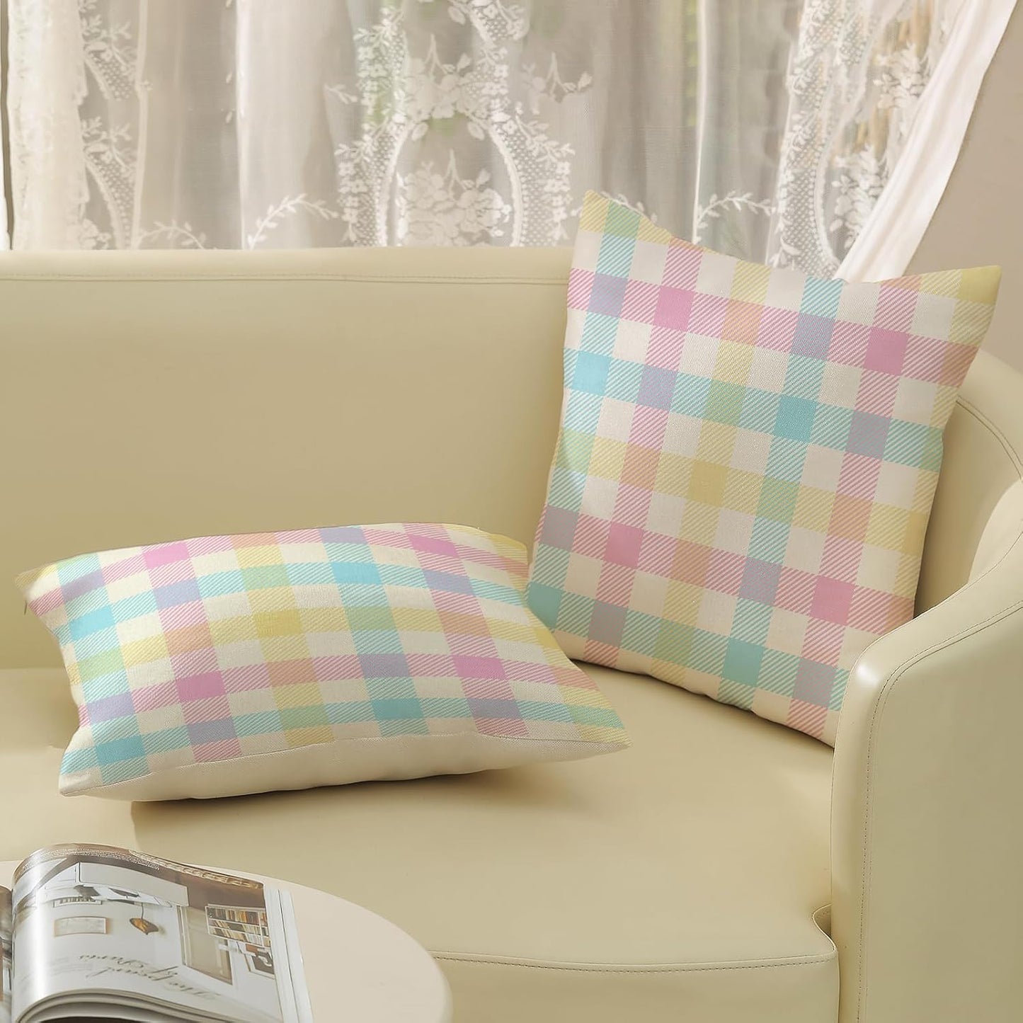 Spring Buffalo Plaid Pillow Covers 18x18 Set of 2 Yellow Blue Pink Checkered Easter Throw Pillows Summer Outdoor Decorative Pillowcase Farmhouse Linen Holiday Decor Cushion Case for Couch Sofa