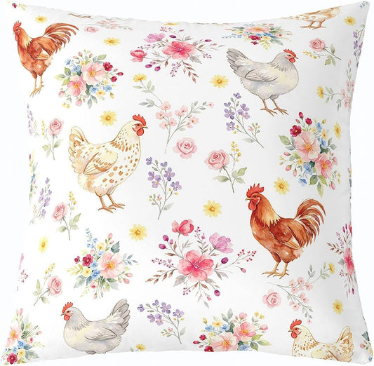 Manfei Chick Pattern Throw Pillow Cover Colorful Flowers Cushion Case Country-Style Pillow Cover for Living Room,Yellow Pinik Soft Pillowcases,22x22 Inches