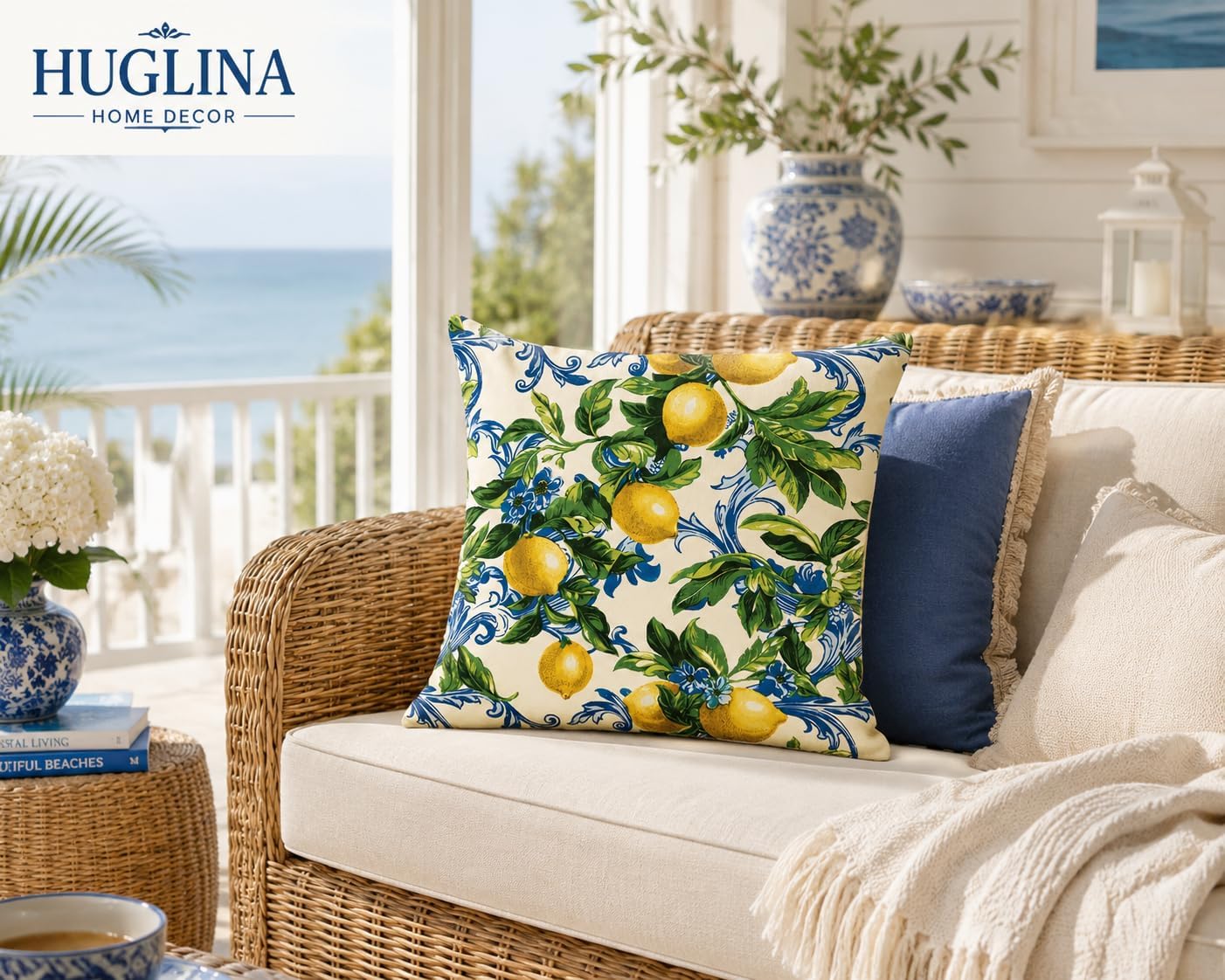 Lemon Throw Pillow, 18x18 Inch Decorative Pillow with Insert Included, Mediterranean Citrus Botanical Accent Pillow, Farmhouse Home Decor Cushion for Sofa Couch Bed (LS-008)