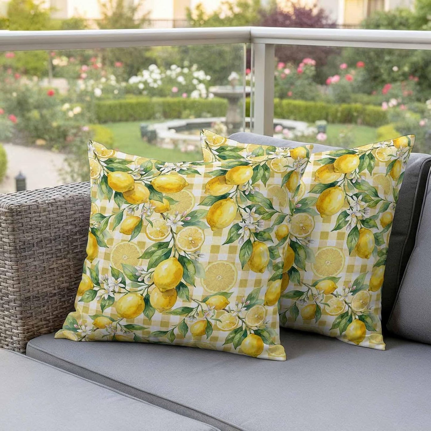 Outdoor Pillow Covers 18x18 Pack of 2, Summer Lemon Country Leaves Decorative Pillow Cover Waterproof Pillowcase, Yellow White Buffalo Check Farmhouse Cushion Covers for Garden Patio Sofa Couch Bench