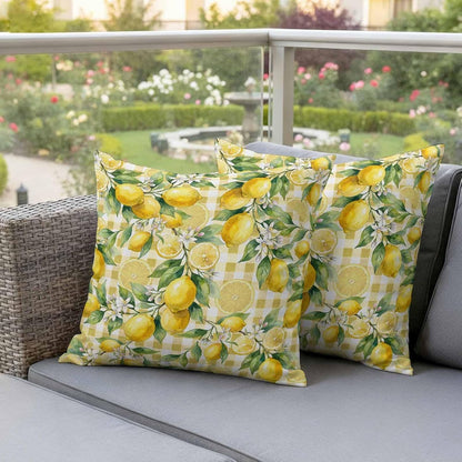 Outdoor Pillow Covers 18x18 Pack of 2, Summer Lemon Country Leaves Decorative Pillow Cover Waterproof Pillowcase, Yellow White Buffalo Check Farmhouse Cushion Covers for Garden Patio Sofa Couch Bench