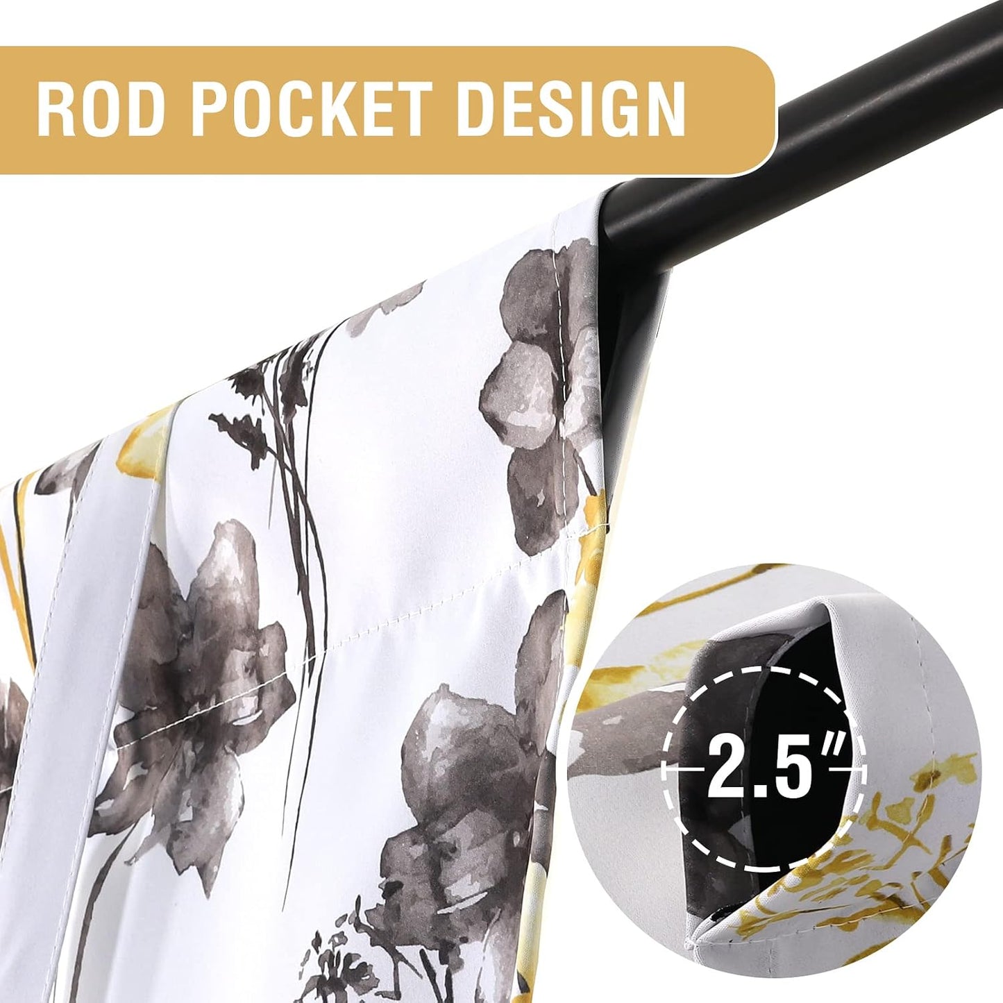 H.VERSAILTEX 100% Blackout Tie Up Curtains Cattleya Floral Printed Rod Pocket Panel for Small Window with Black Liner- 42" Wide by 63" Long - Floral Pattern in Grey and Yellow
