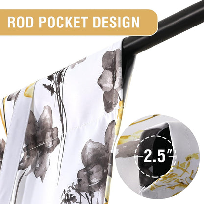 H.VERSAILTEX 100% Blackout Tie Up Curtains Cattleya Floral Printed Rod Pocket Panel for Small Window with Black Liner- 42" Wide by 63" Long - Floral Pattern in Grey and Yellow