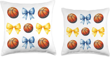 Basketballs & Bows for Girls Basketball Player Blue & Yellow Throw Pillow