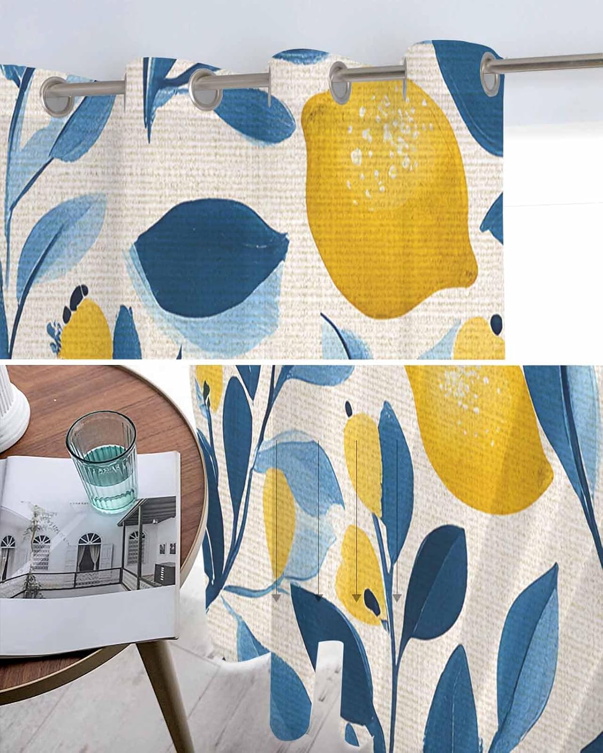 Lemon Sheer Curtains 63 Inch Length 2 Panels Set, Watercolor Yellow Blue Fruit Branch Flower Grommet Kitchen Curtains Sheer Window Curtain for Living Room Bedroom Light & Airy Privacy Drapes