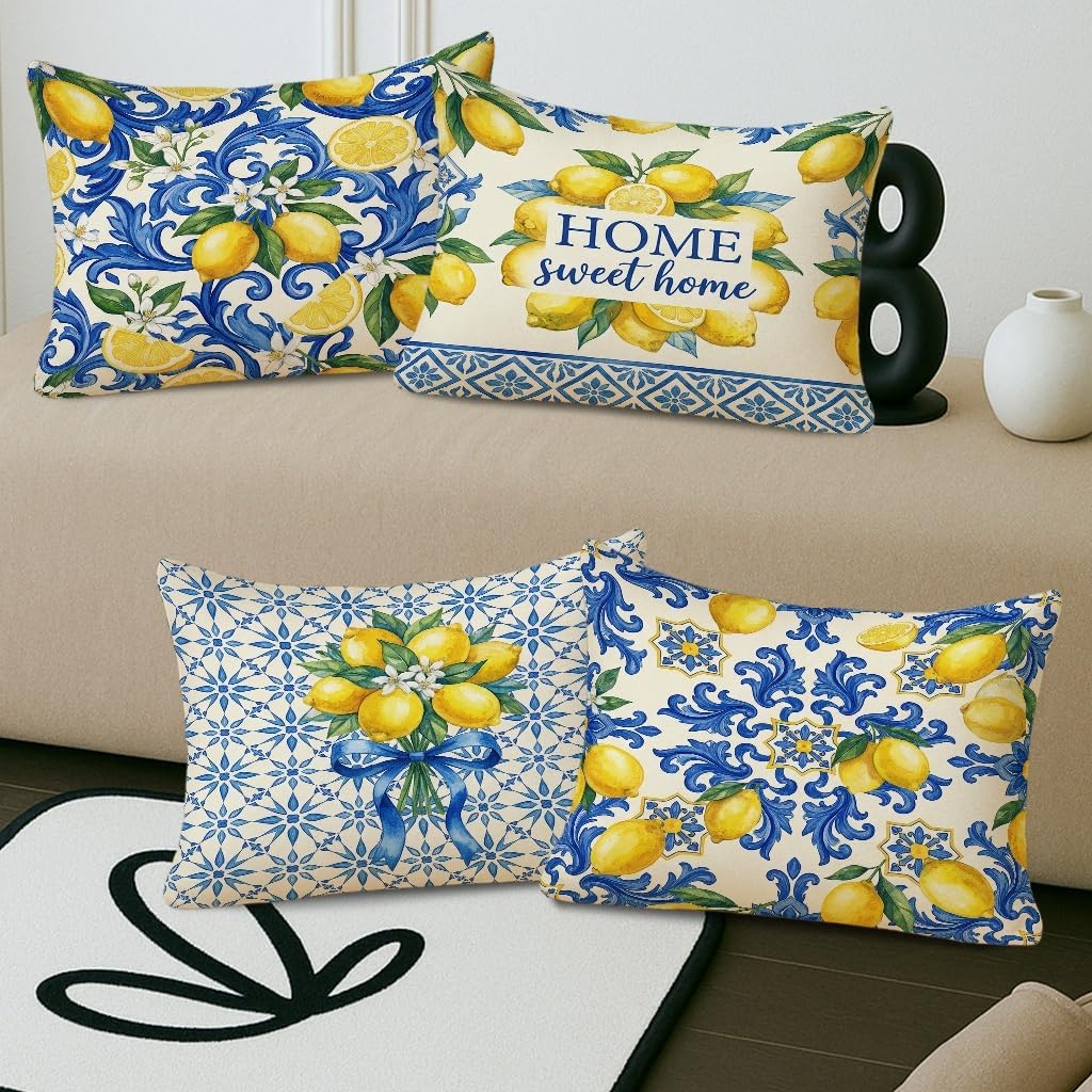 Lemon Throw Pillow Covers Set of 4, Mediterranean Traditional Floral Blue Swirls Summer Yellow Soft Velvet Washable Accents Pillows Cases for Home Bedroom Living Room Sofa Couch Decor 20x12 Inch