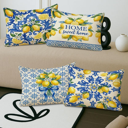 Lemon Throw Pillow Covers Set of 4, Mediterranean Traditional Floral Blue Swirls Summer Yellow Soft Velvet Washable Accents Pillows Cases for Home Bedroom Living Room Sofa Couch Decor 20x12 Inch