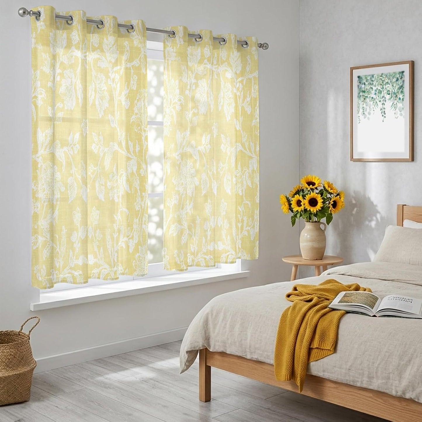 Lemon Yellow Flower Sheer Curtains 39 Inch Long 2 Panels, Pastoral White Plant Petal Leaf Rustic Linen Light Filtering Semi Sheer Drapes Grommet Voile Window Curtain for Living Bedroom W27.9 x L39