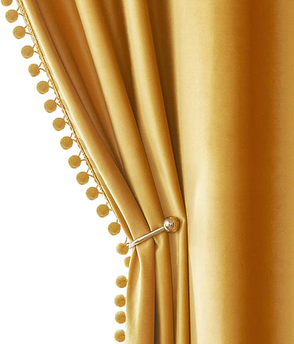 MIULEE Mustard Yellow Pom Pom Velvet Curtains for Fall Bedroom/Living Room Darkening Thermal Insulating 84 Inches Long Blackout Curtains with Rod Pocket for Bedroom/Home Theater Set of 2