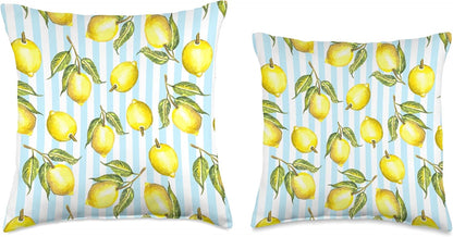 Watercolor Lemon Stripe Citrus Fruit Blue Yellow Summer Throw Pillow