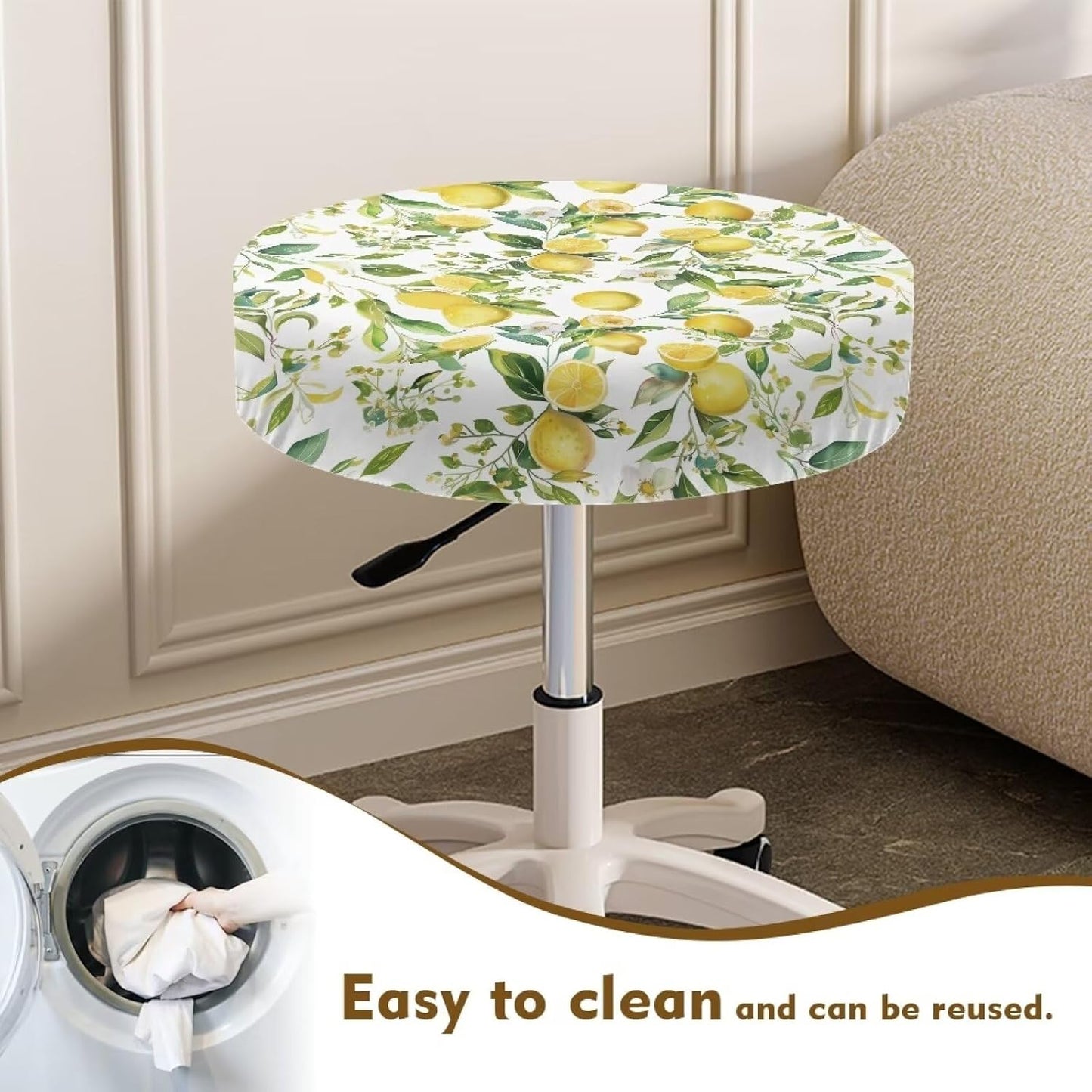 Yellow Lemon Stretch Round Stool Covers with Elastic Bands, Stretchable Anti-Wrinkle Chair Seat Stool Cushion Slipcovers for Home Dining Room Christmas Decor