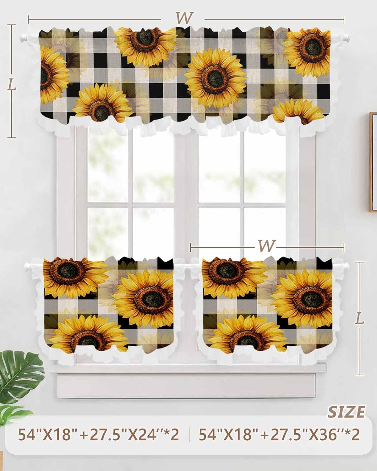 Abstract Yellow Sunflower Sheer Kitchen Curtains and Valance Set Black White Plaid Linen Texture Ruffle Tier Curtain Light Filtering Small Window Drapes for Cafe Living Room, 3 Pieces, 54" x 24"