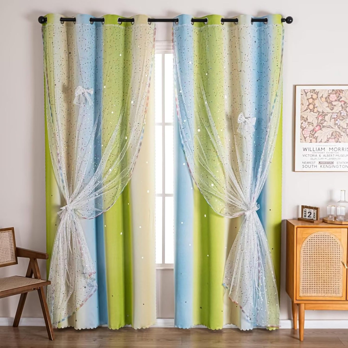 52x63 2-in-1 Double-Layer Kids & Girls Unicorn Princess Ombre Blackout Curtains with Foil Print Sheer, 2 Panels Set - Green Yellow Blue