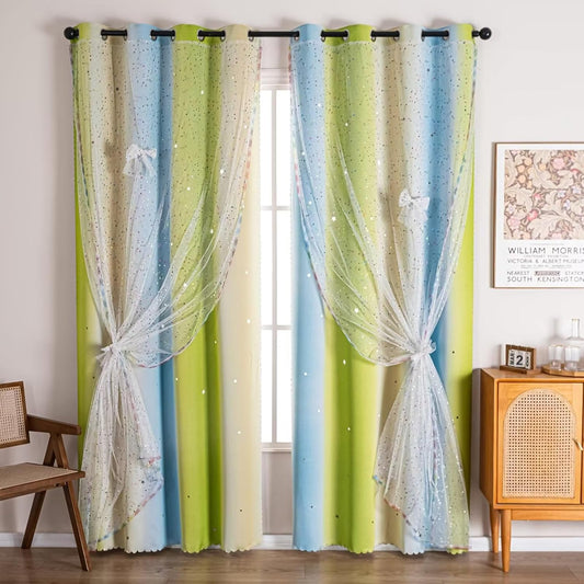 52x63 2-in-1 Double-Layer Kids & Girls Unicorn Princess Ombre Blackout Curtains with Foil Print Sheer, 2 Panels Set - Green Yellow Blue