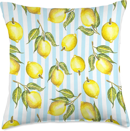 Watercolor Lemon Stripe Citrus Fruit Blue Yellow Summer Throw Pillow
