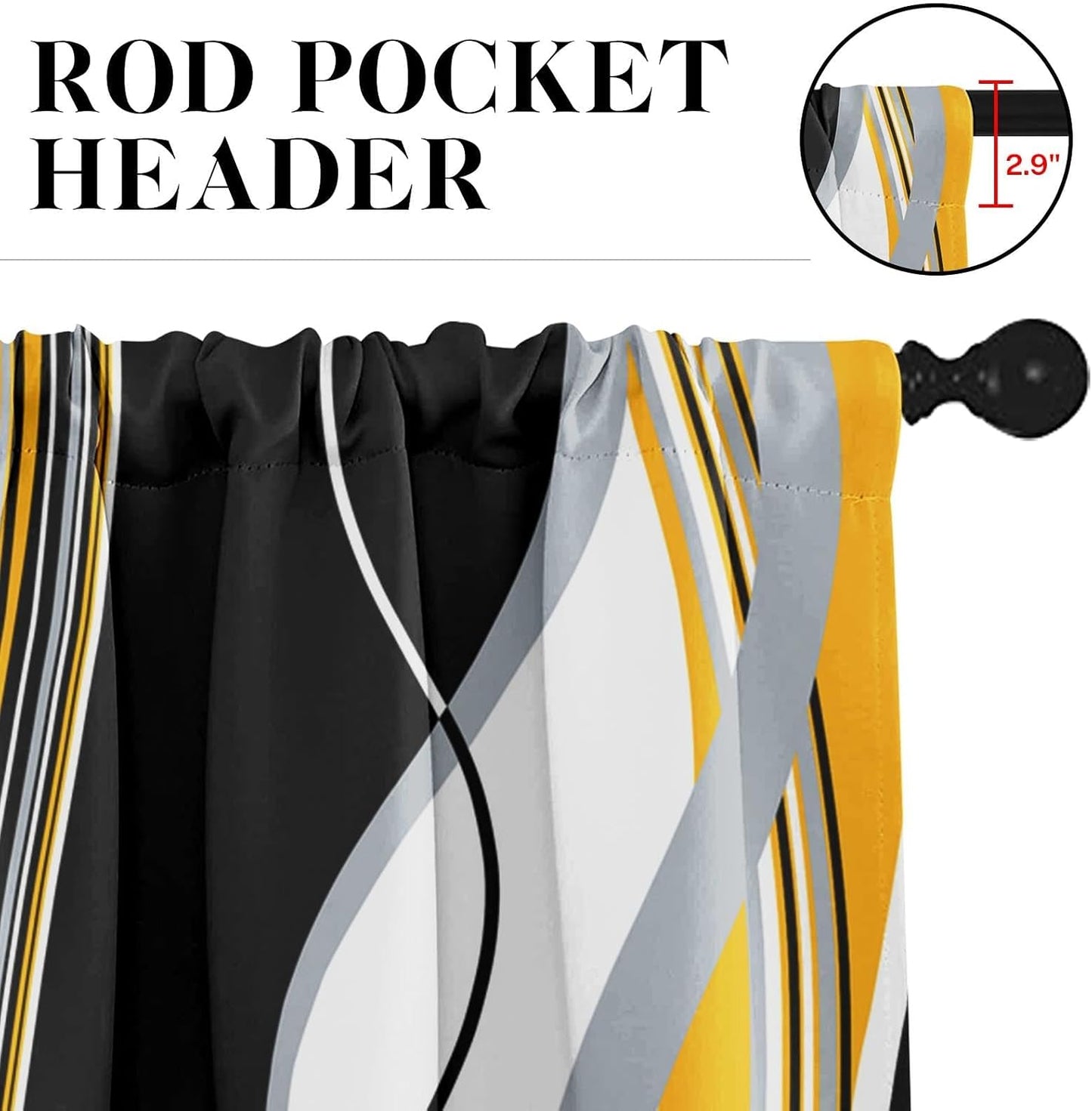 Yellow Grey White Black Kitchen Window Curtains Valance and Tier Set 36 Inch, Geometric Lines Abstract Rod Pocket Short Tier Curtain for Bathroom, Modern Small Cafe Drapes for Kitchen Decor