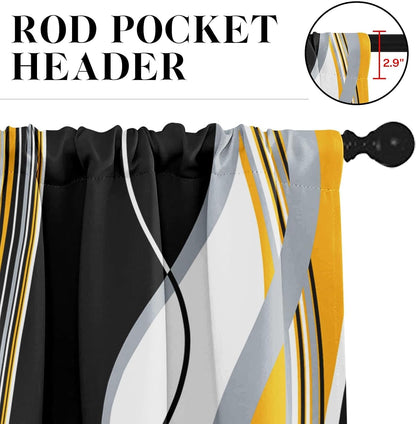 Yellow Grey White Black Kitchen Window Curtains Valance and Tier Set 36 Inch, Geometric Lines Abstract Rod Pocket Short Tier Curtain for Bathroom, Modern Small Cafe Drapes for Kitchen Decor