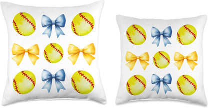 Softballs & Bows for Women Girls Softball Player Blue Yellow Throw Pillow