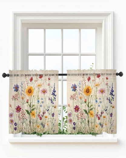 Botanical Floral Sheer Curtains for Bedroom Living Room Window Tier Curtain 24 Inch Length, Retro Purple Pink Yellow Wildflowers Rod Pocket Voile Drapes Kitchen Curtains Small Half Window 2 Panels