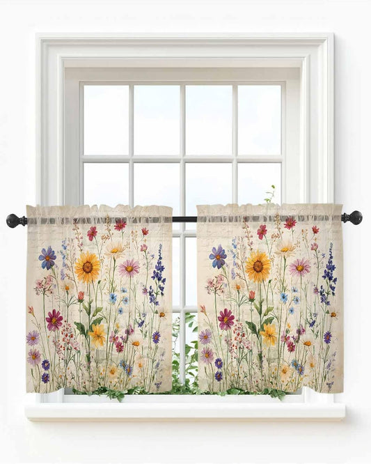 Botanical Floral Sheer Curtains for Bedroom Living Room Window Tier Curtain 24 Inch Length, Retro Purple Pink Yellow Wildflowers Rod Pocket Voile Drapes Kitchen Curtains Small Half Window 2 Panels