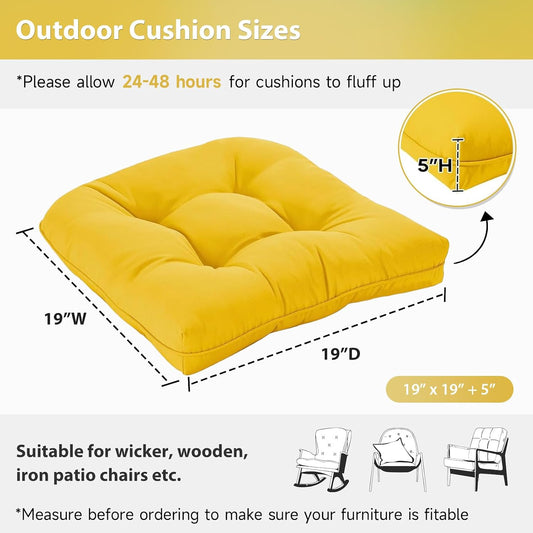 19x19 Outdoor Chair Cushions Set of 2, Tufted Wicker Patio Furniture Cushions, Thick Outdoor Seat Cushions for Lawn Chairs, Overstuffed and Water Resistant, Yellow