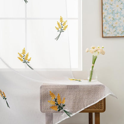 Floral Sheer Curtains Embroidered Lavender Patterned Semi-Sheer Curtain 84 Inches Long 2 Panels Rod Pocket Spring Voile Drapes for Living Room, Bedroom(W52 x L84 Inch, White&Yellow)