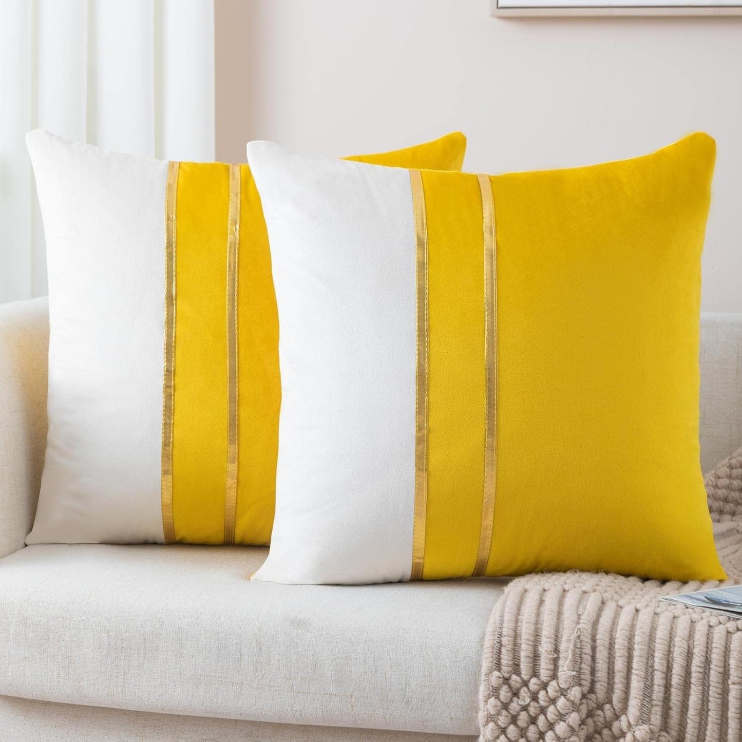 ZLINA Set of 2 Velvet Decorative Throw Pillow Covers Yellow White Patchwork with Gold Leather Pillow Covers 16 × 16 Inch Cushion Covers Decor Living Room Sofa Bedroom Car