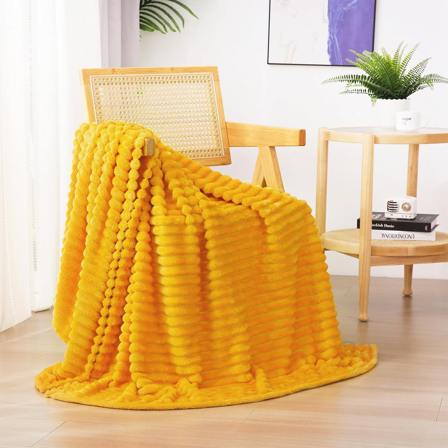 Yellow Fleece Throw Blanket 50”×60” for Couch Sofa Bed,Super Soft Cozy Plush Microfiber Flannel Blanket with 3D Stripes Lightweight for Adults,Woman,Gold